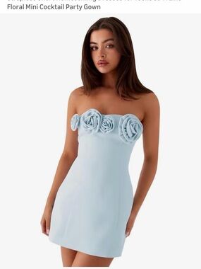 Strapless Rose-Trim Mini Dress in Light Blue